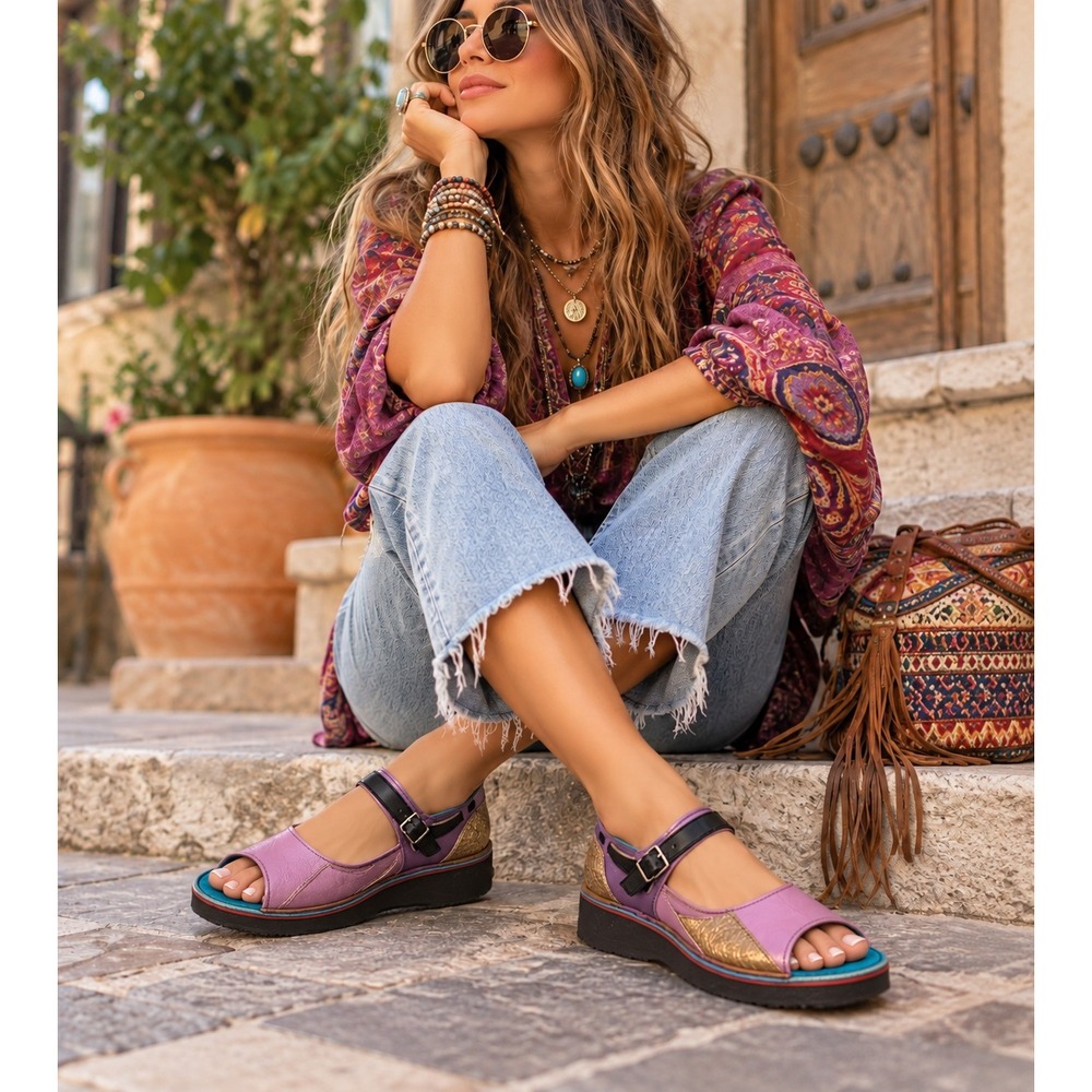 SoleTech Y2K Handcrafted Purple Pink Gold Leather Patchwork Platform Sandals 8.5